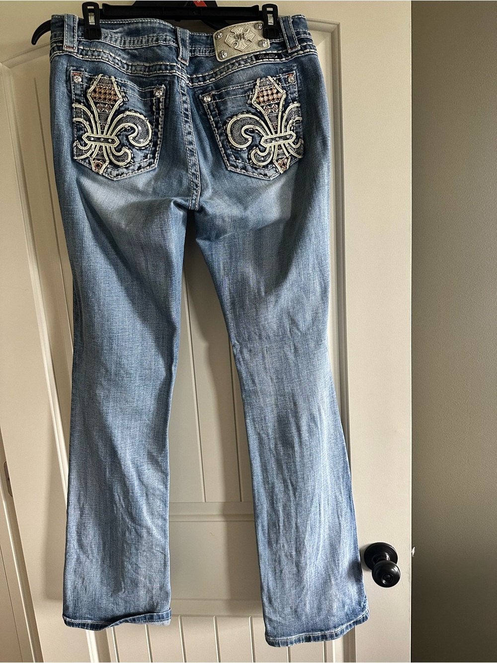 Miss Me Light Blue Bootcut Jeans with Embellished Fleur Pockets